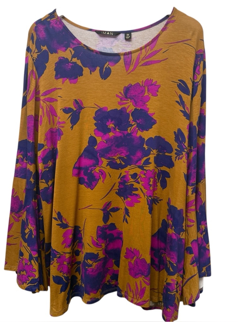 IMAN Stretch Top Plus Size 3X Brown Floral Long Bell Sleeves Tunic Tee